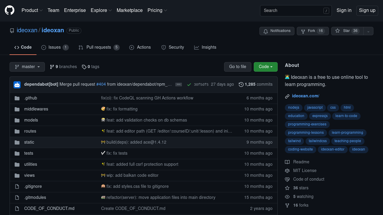 Screenshot of Ideoxan's GitHub organization page.